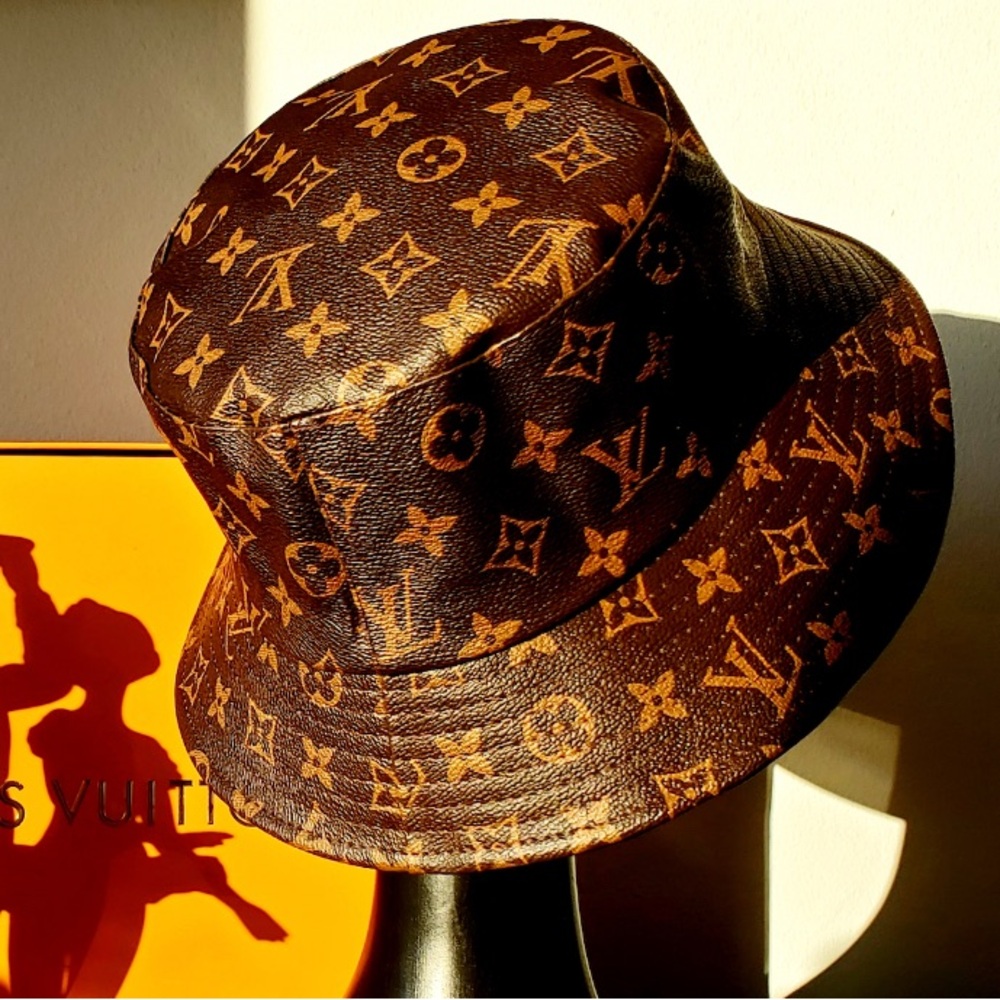 Louis Vuitton LV Brown Calf Skin Leather Monogram Jacquard Brown Bucket Hat - Picture 4 of 16